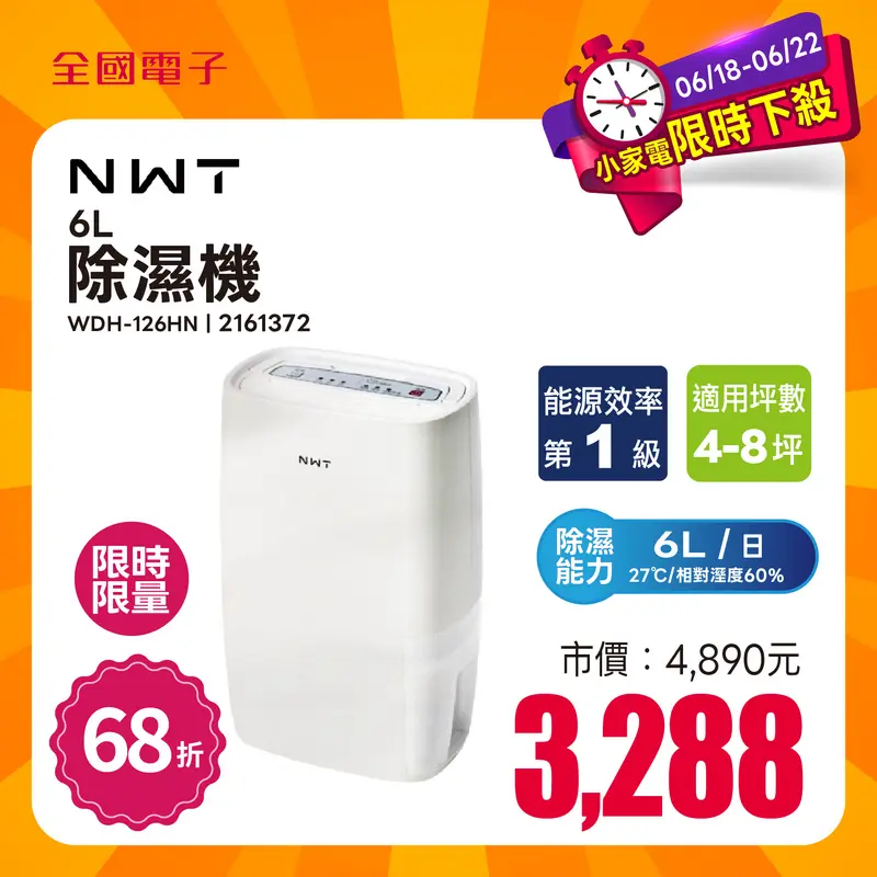NWT 威技一級能效6L除濕機  WDH-126HN
