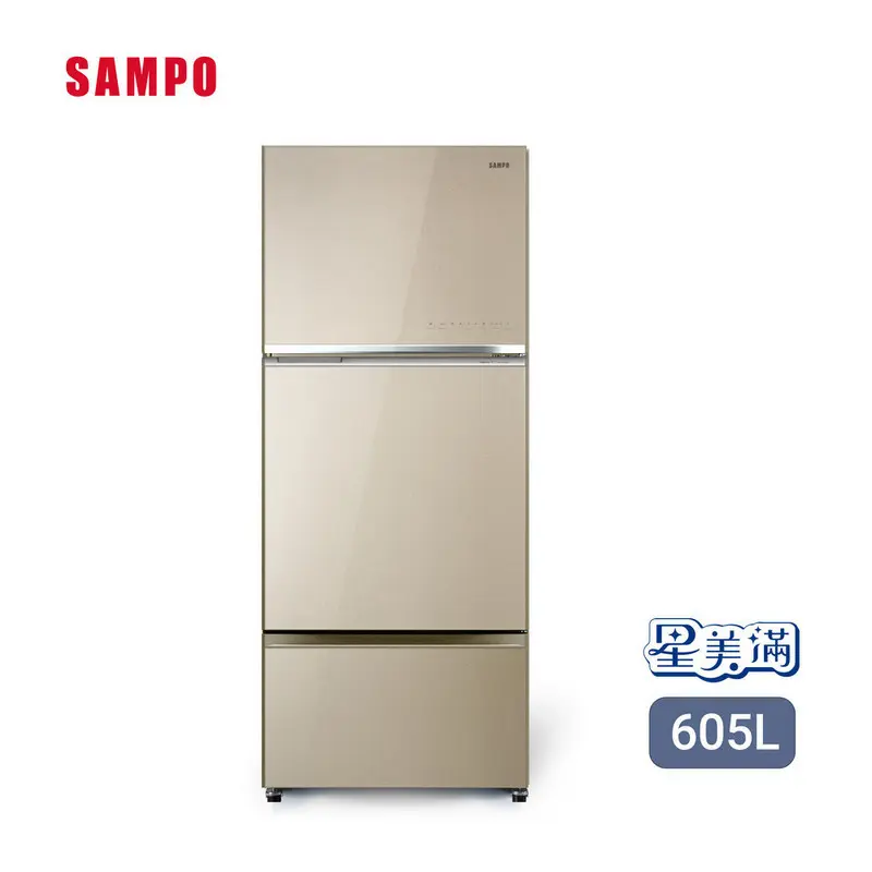 聲寶605L極光鈦玻璃三門變頻冰箱  SR-F61GDV(Y8)